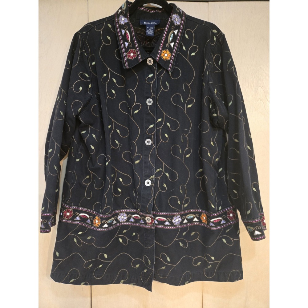 Denim & Co Womens XL Black Embroidered Floral Longline Cotton Jean Jacket